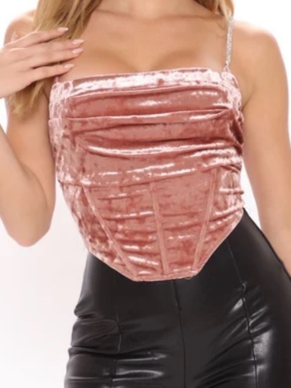 Pink Crushed Velvet Rhinestone Chain CowlNeck Boned Corset Top M Fairygoth
